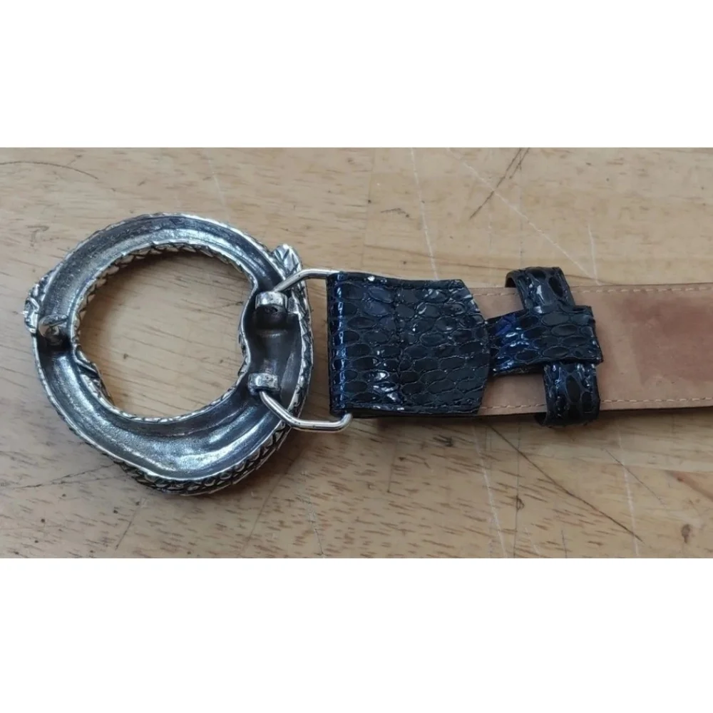Brighton Black Snakeskin Belt Vtg USA Silver Snake Buckle Rhinestones Bling 32
